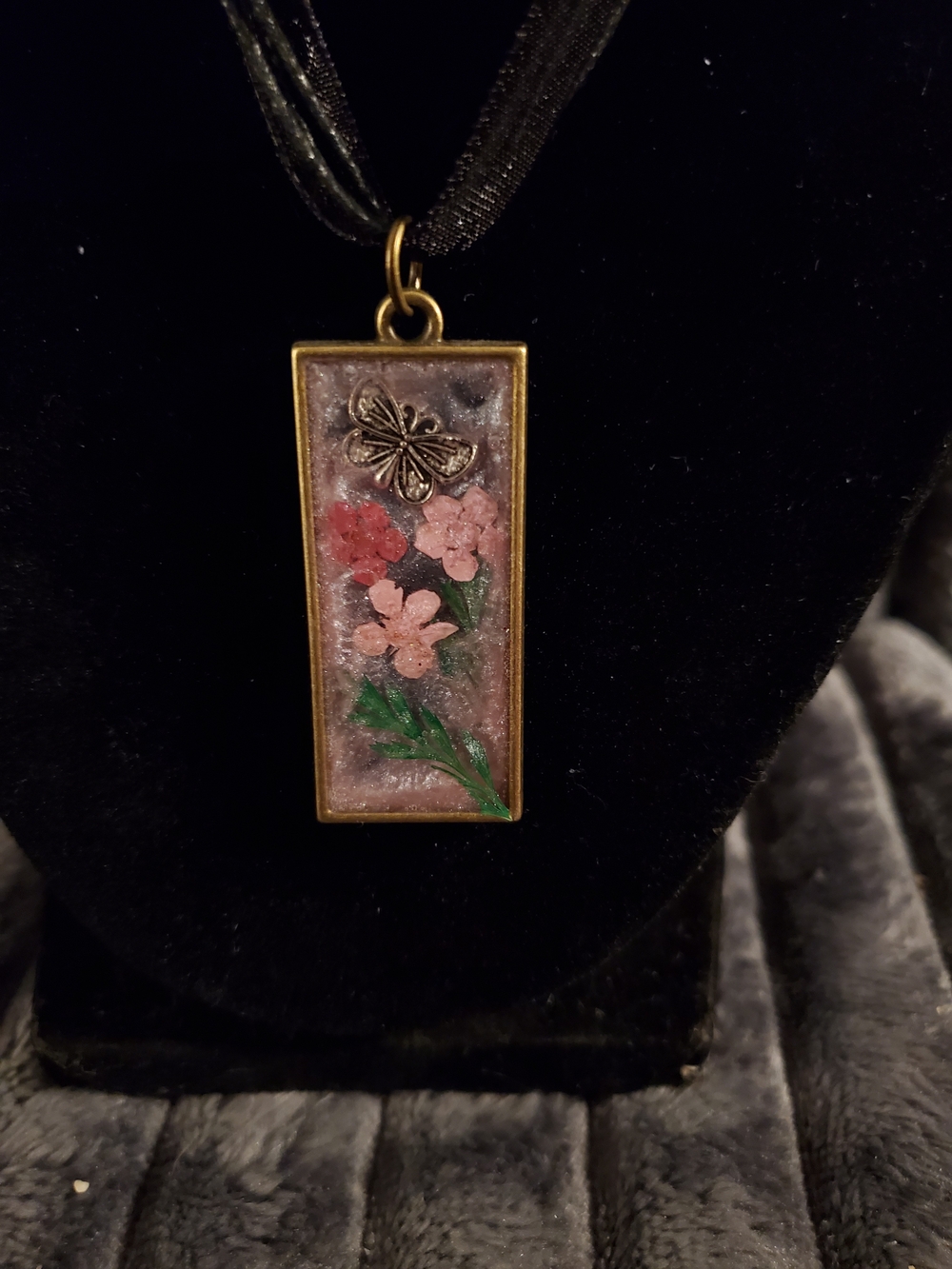 Handcrafted Pink Floral Pendant Necklace with Antique Gold Butterfly Accent
